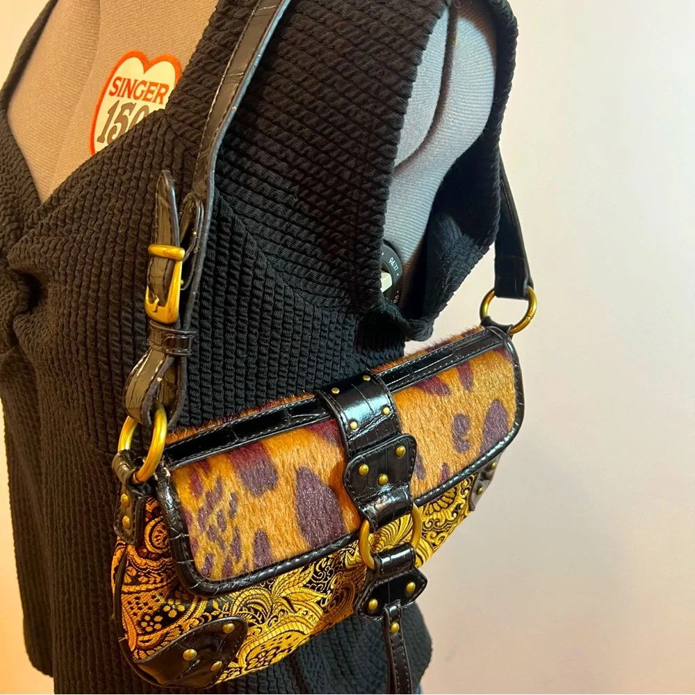 Vintage Nine West Black and Tan Brocade Cheetah Y2K Shoulder Bag - Picture 1 of 17